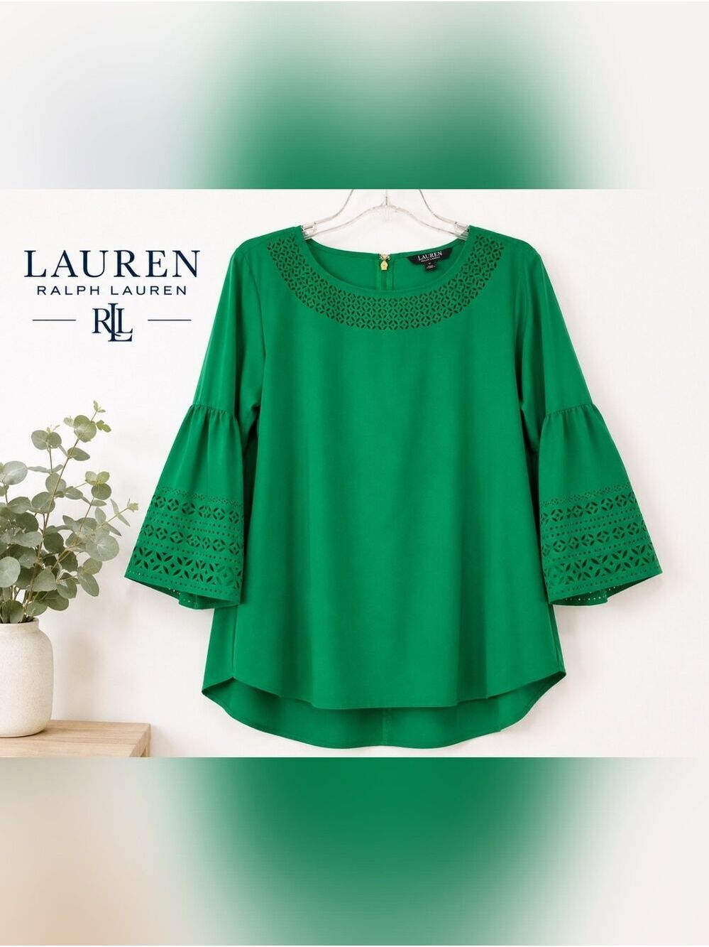 Lauren Ralph Lauren Kelly Green Laser Cut Bell Sleeve Blouse Classic Chic XL